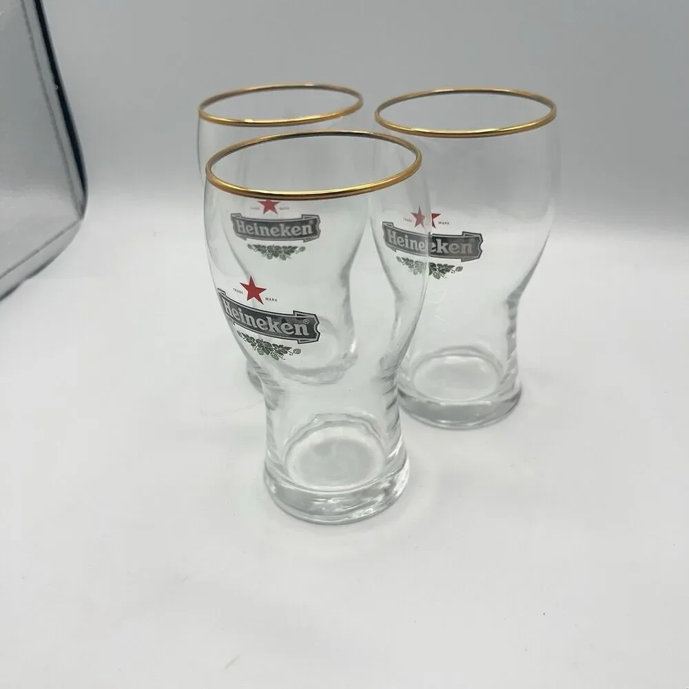 3 Heineken 300 ml Gold Rim Tulip Beer Glasses Holland Netherlands